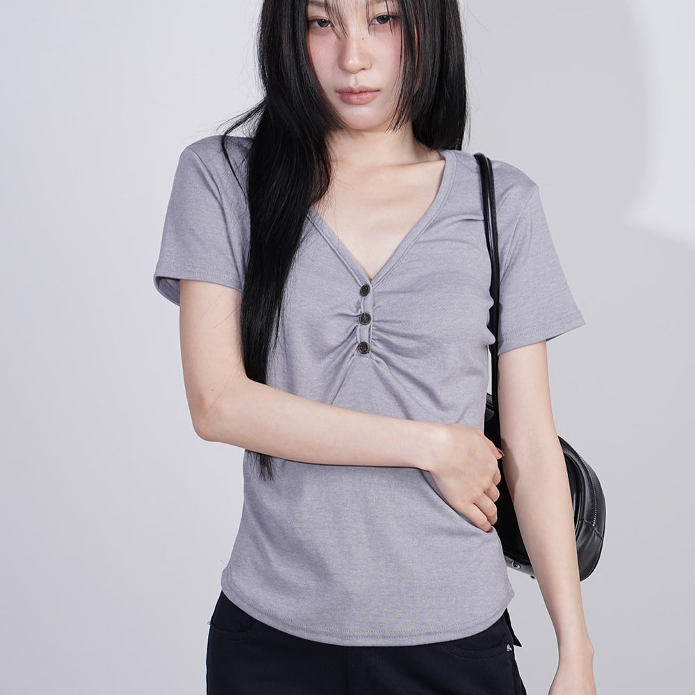 모라딕 브이넥 셔링 반팔티